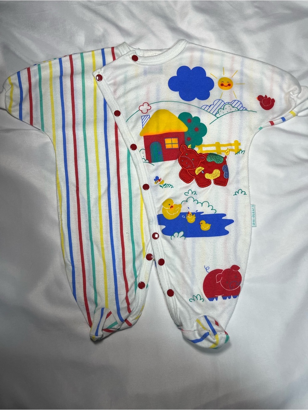 Vintage Little Me Baby Sleeper Gown NB 0-11 lbs Colorblock Stripe Farm Ducks Sun